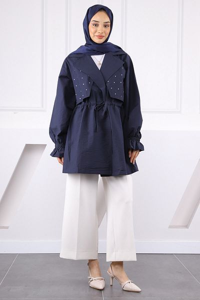 İmajButik Μπουφάν με διπλό γιακά Navy Blue με πέτρες μπροστά
