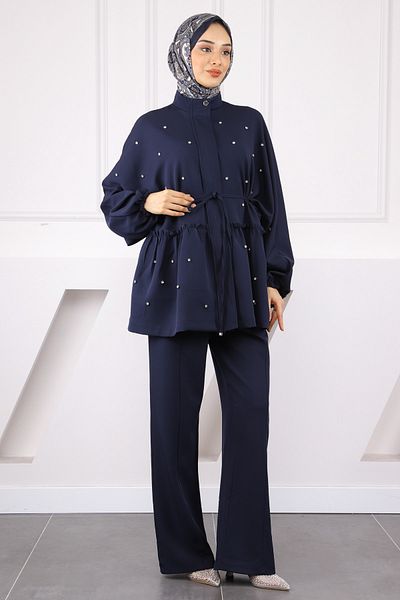 İmajButik Navy Blue Bat Sleeve Dumbbell Tunic Pants Suit