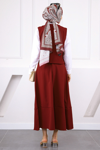İmajButik Claret Red Single Pocket Vest Skirt Suit