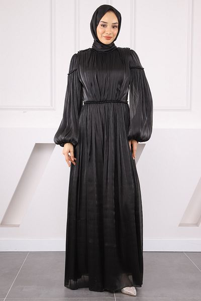 İmajButik Βραδινό φόρεμα σιφόν με μαύρο μανίκι με πλισέ