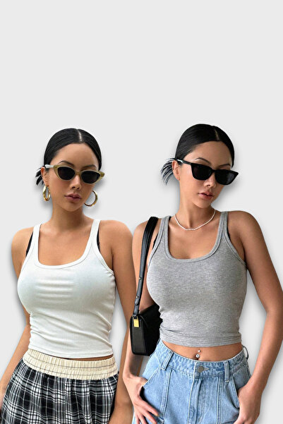 MADALİNA Women's 2 Pack White Gray Wide Strap Blouse