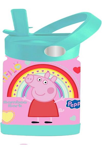 Bamboo Bark Peppa Pig Insulated Water Bottle with Straw & Handle- Double Wall Thermos Flask for Hot & Cold Water