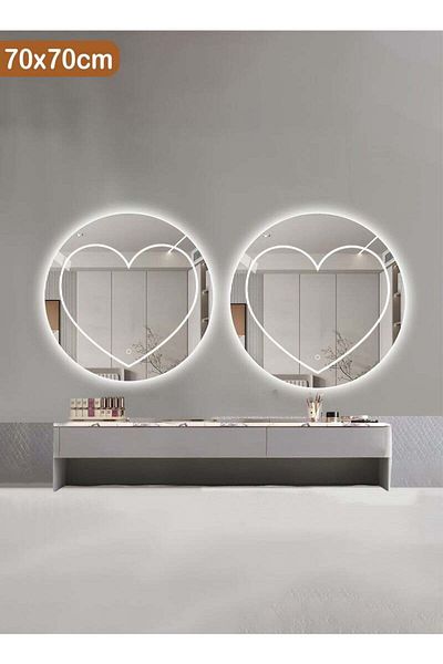 Taimi Set of 2 Heart Shaped Round Lighted Mirror 3 Colors LED Lighting for Bathroom and Bedroom 70cm