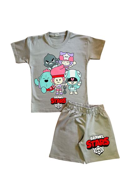 YUMİYUMM Boy's Character Gray Shorts Top and Bottom Set