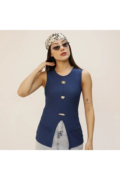 HARMONY GLOBAL Navy Blue Ottoman Fabric Zero Sleeve Stylish Summer Sun Series Blouse – with Metal Accessories – 7293