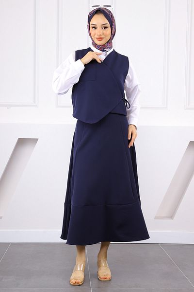 İmajButik Σκούρο μπλε γιλέκο μονής τσέπης με φούστα