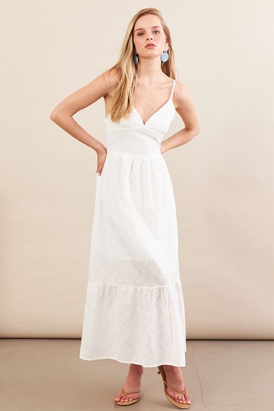 Cool & Sexy Rochie midi festonată ecru pentru femei cu bretele reglabile İRE100