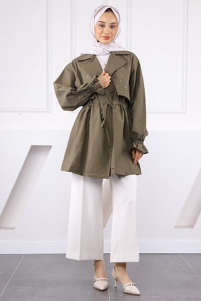 İmajButik Khaki Double Breasted Collar Stone Front Jacket