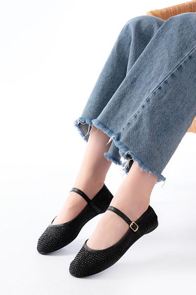 Moda Asmira 7432 Black Mesh Buckle Detailed Daily Women's Ballerinas