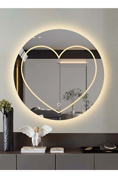 Taimi Heart Shaped Round Mirror with LED Light 3 Colors Light Makeup Mirror for Bathroom Bedroom 60cm