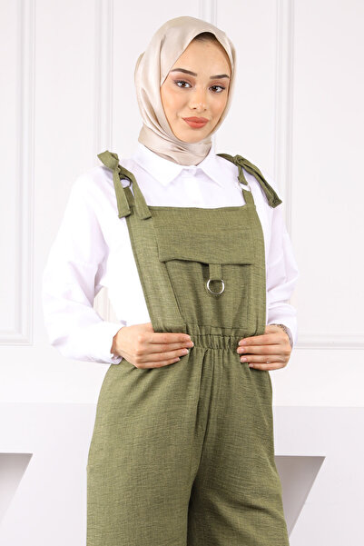 İmajButik Khaki Linen Jumpsuit with Pocket Detail