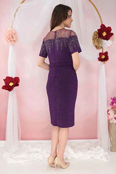 cupper Rochie de ocazie din lurex mov cu strasuri si tulle la decolteu