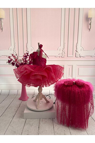 NA ADDESIGN Kız çocuk fuşya pullu simli kabarık elbise, grenli abiye elbise