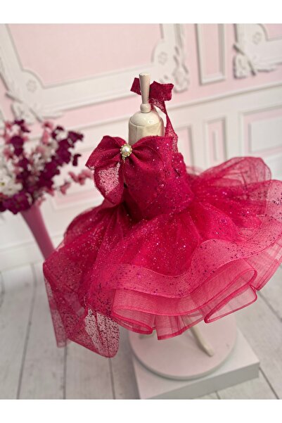 NA ADDESIGN Kız çocuk fuşya pullu simli kabarık elbise, grenli abiye elbise