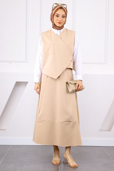 İmajButik Beige Single Pocket Vest Skirt Suit