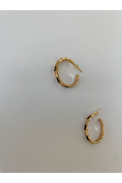 marsel aksesuar Black Stripe Detailed Stone Hoop Earrings