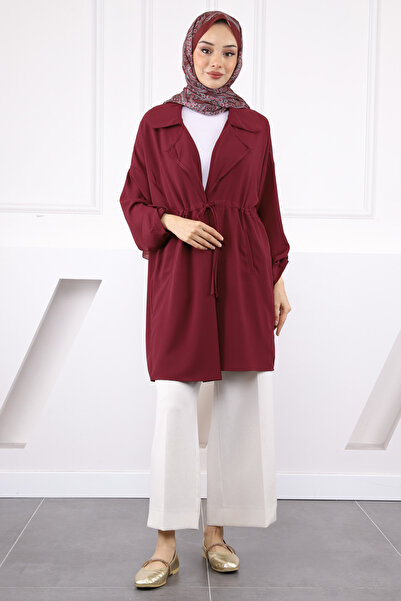 İmajButik سترة مجمعة ذات ياقة مزدوجة الصدر باللون العنابي