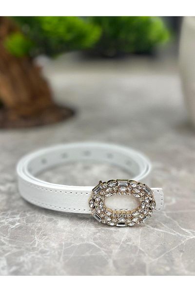 MELTEM TUĞAN Round Stone Thin Belt White
