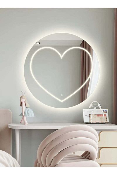 Taimi Set of 2 Heart Shaped Round Lighted Mirror with 3 Colors LED Lighting for Bathroom and Bedroom 60cm