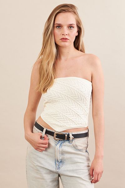 Cool & Sexy Bluză crop tricotaj fără bretele ecru pentru femei ZH049
