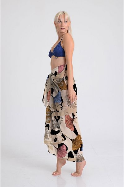 DESENİX Ginkgo Leaf Patterned Pareo - 100X145 cm - Silky Chiffon & Luxury Satin Fabric Option- Beach Dress