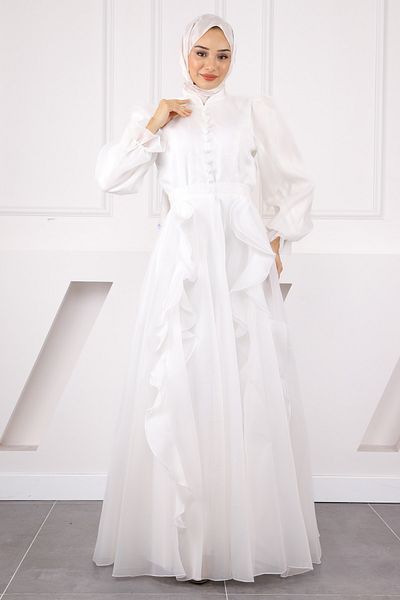 İmajButik Ecru Balloon Sleeve Organza Puffy Evening Dress