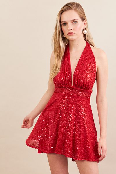 Cool & Sexy Women Red Backless Sequined Lined Mini Dress Dcf046