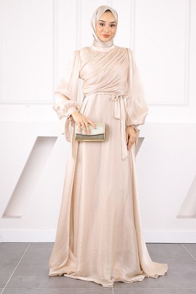 İmajButik Βραδινό φόρεμα σιφόν με μπεζ μανίκι μπαλόνι