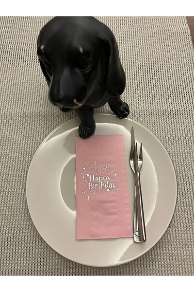 kidspartim Gümüş Yaldızlı Pembe Happy Bırthday Garson Katlama Peçete 16 Adet