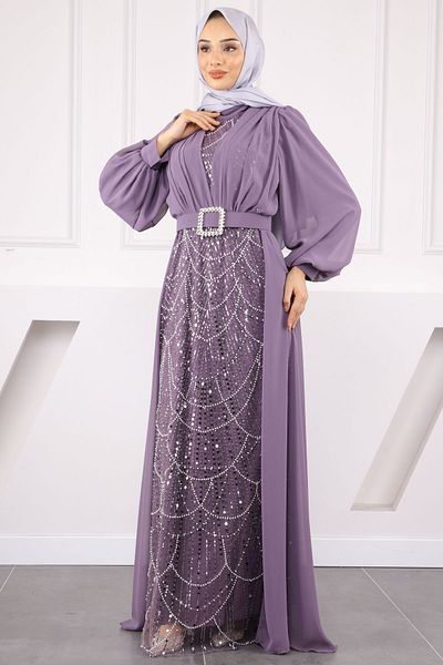 İmajButik Βραδινό φόρεμα σιφόν με λιλά χάντρες