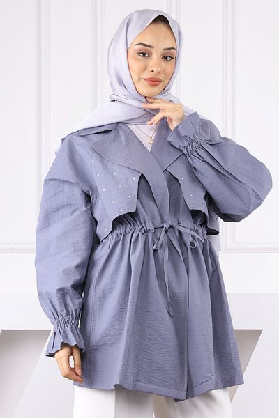 İmajButik Γκρι μπουφάν με διπλό γιακά με πέτρες μπροστά