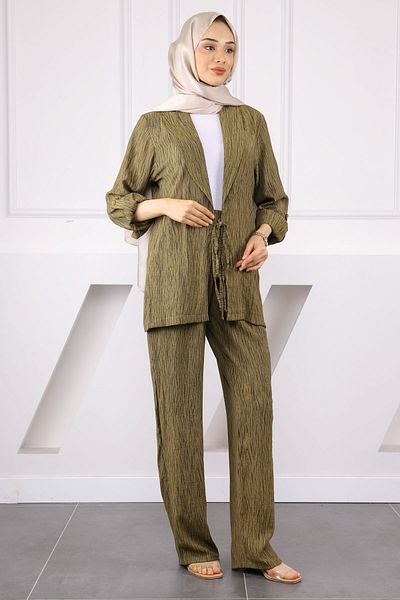 İmajButik Khaki Front Tie Kimono Suit with Pants