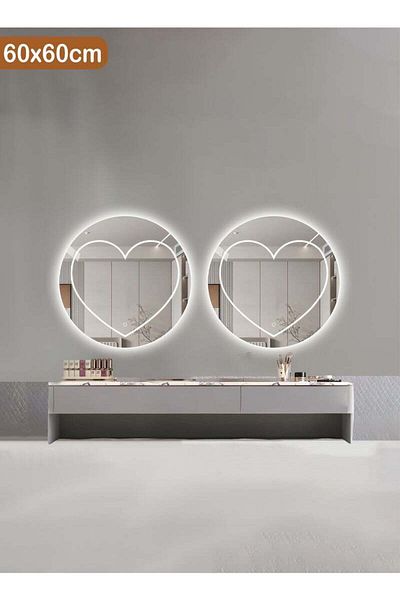 Taimi Set of 2 Heart Shaped Round Lighted Mirror with 3 Colors LED Lighting for Bathroom and Bedroom 60cm