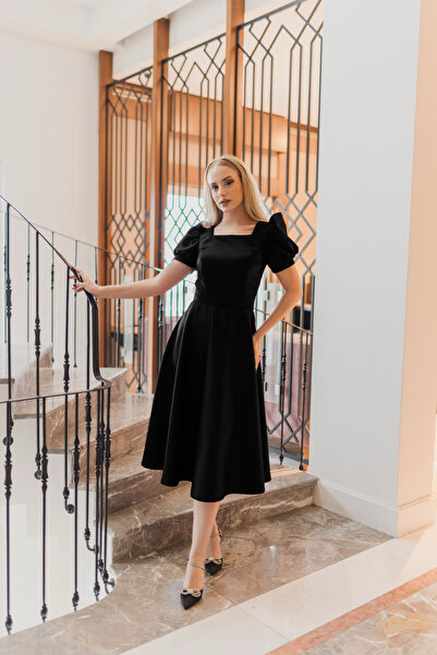 ASLIHANGÜNER Kadın Siyah Kare Yaka Puff Kol Midi Amara Elbise