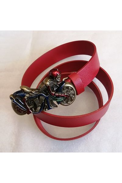Butik Tülin Unisex Authentic Genuine Cowhide Leather Red Bronze Motor Ride Skeleton Cowboy Buckle Belt Thailand