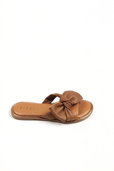 Deriderim Γυναικείες καλοκαιρινές παντόφλες από γνήσιο δέρμα Tan Γνήσιο Δερμάτινο Σόλα Καφέ Μαλακό Γνήσιο Δέρμα