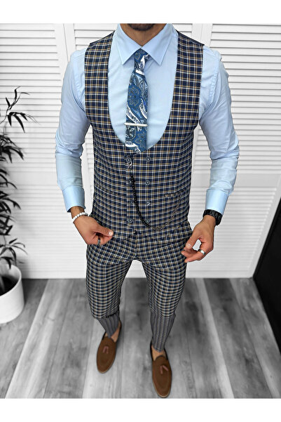 dehaine Men's suit, pants plus vest, navy blue, B4177