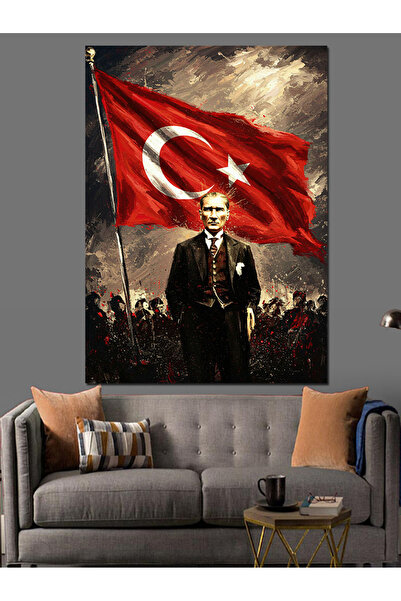 Tablo Mega Mustafa Kemal Atatürk Ve Bayrak Dekoratif Kanvas - Mdf Ahşap Tablo