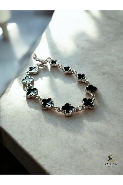 Valona Jewelry 10 Black Stone Silver Clover Bracelet
