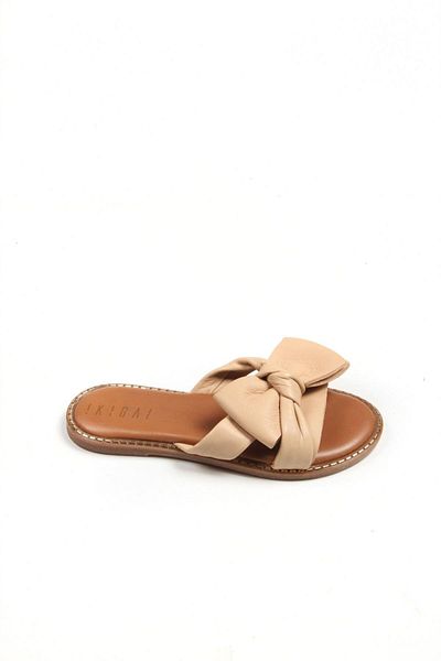 Deriderim Beige Genuine Leather Sole Brown Soft Genuine Leather Women's Summer Slippers