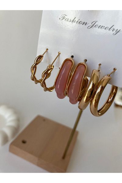marsel aksesuar Special Series Gold Twist Detail Pink Triple Earring Set