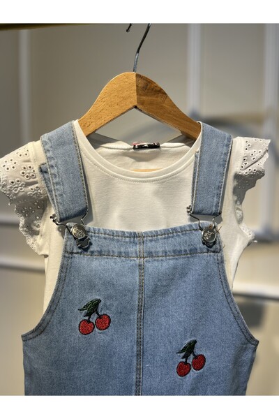 baume clothes KIZ ÇOCUK KİRAZ NAKIŞLI BADİ KOT JİLE PREMIUM ELBİSE