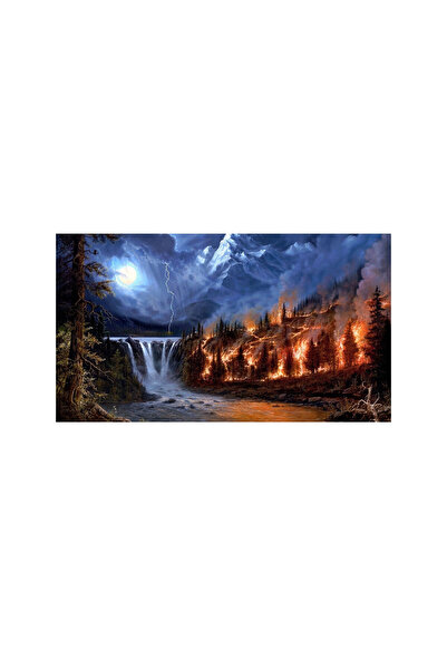 ve Tablou Canvas, Peisaj, munte, rau, padure, foc, dualitate, noapte, 80 x 50 cm