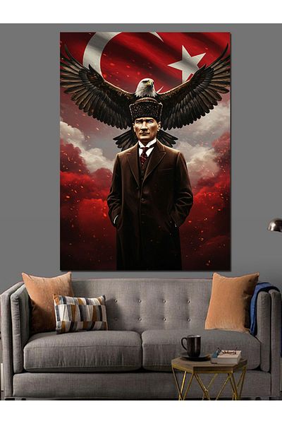 Tablomega Mustafa Kemal Atatürk Eagle and Flag Decorative Canvas - Mdf Wooden Painting