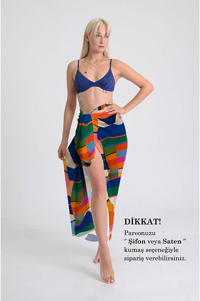 DESENİX Modern Colorful Geometric Pattern Pareo - 100X145 cm - Silky Chiffon & Luxury Satin Fabric Option