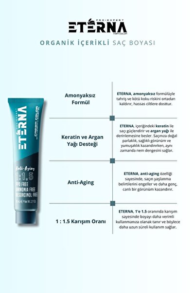 ETERNA Amonyaksız Organik İçerikli Saç Boyası 60 ml 5/00 Yoğun Açık Kestane ve 90 ml Eterna Oksidan