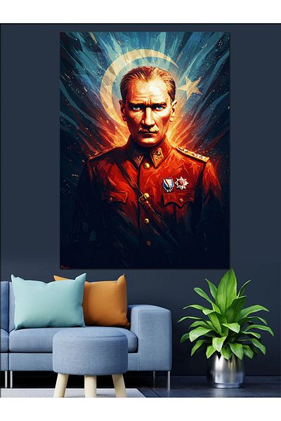 Tablomega Mustafa Kemal Atatürk and Flag Decorative Canvas - Mdf Wooden Painting