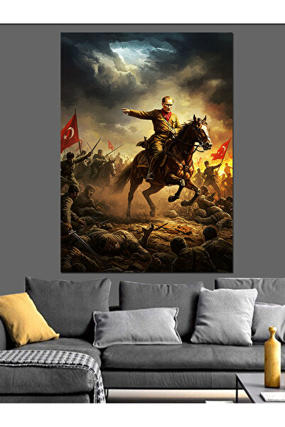karizmart Mustafa Kemal Atatürk At Üstünde Dekoratif Kanvas - Mdf Ahşap Tablo
