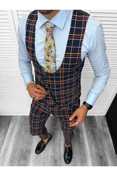 dehaine Men's suit, pants plus vest, navy blue, 12787