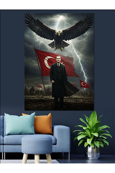 Tablomega Mustafa Kemal Atatürk and Eagle Decorative Canvas - Mdf Wooden Painting